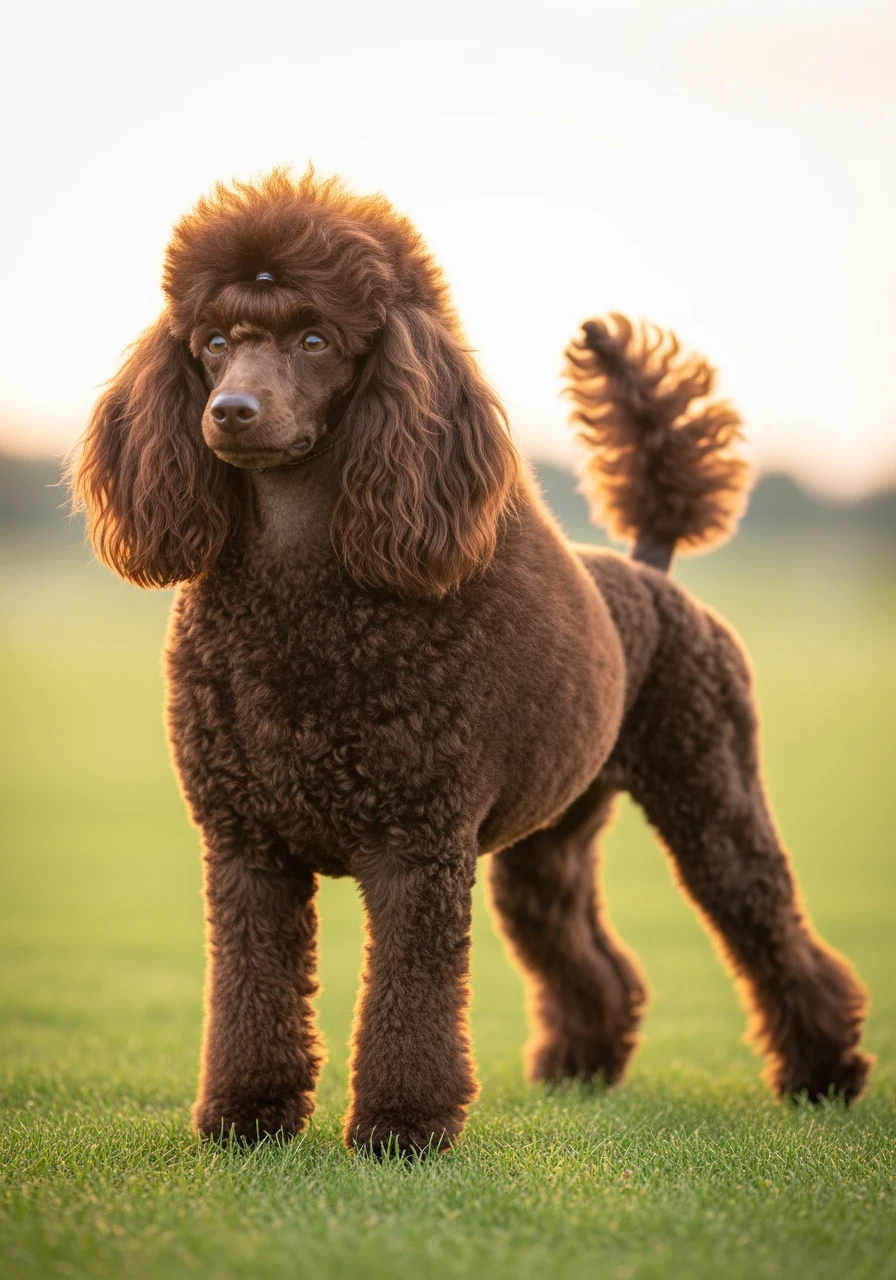 Caniche nain adulte champion, pelage chocolat impeccable