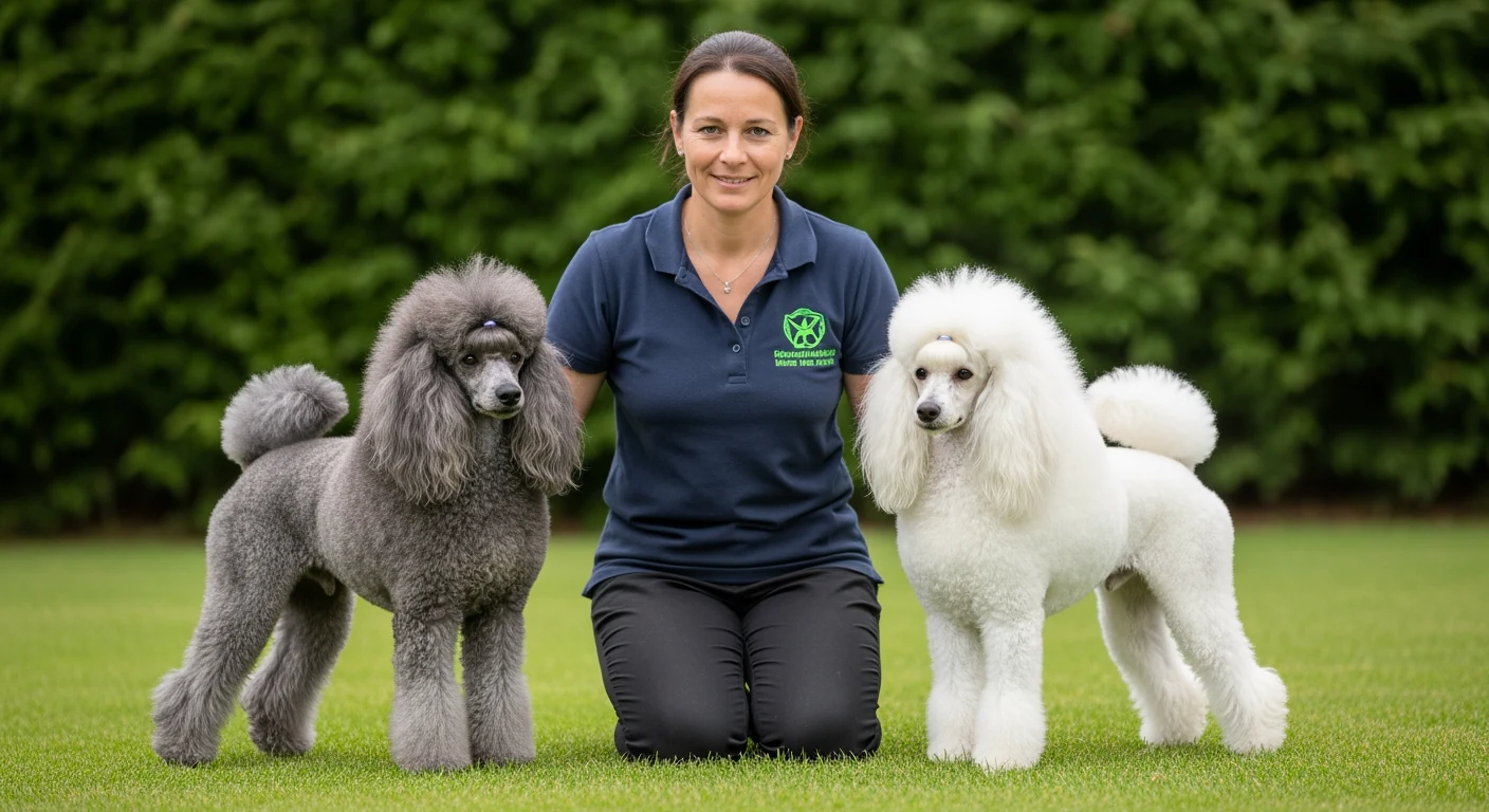 Famille avec un caniche nain dans un jardin du sud-ouest